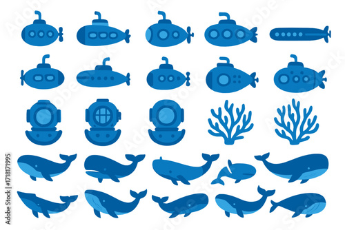Underwater exploration icon set featuring submarines, diving helmets, whales, and coral silhouettes on deep blue background