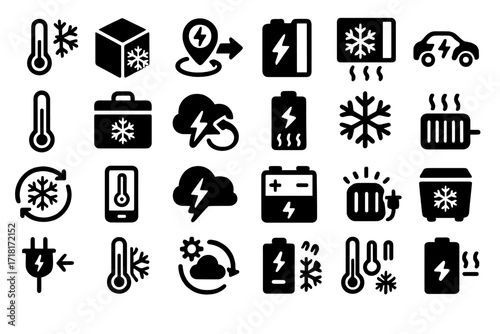 Symbols representing energy storage, temperature control, and electric vehicles in various applications