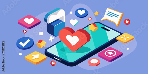 Social media engagement with hearts likes and comments on a smartphone screen