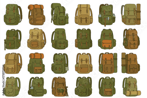 Various styles of outdoor backpacks for camping, hiking, and travel displayed in a neat arrangement