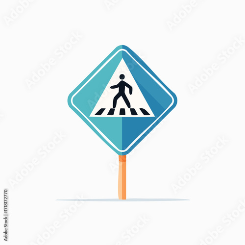 Blue diamond-shaped pedestrian crossing sign with a walking person icon and crosswalk markings.