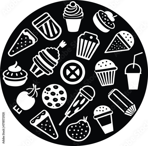 Diverse array of whimsical desserts and snacks artfully arranged in a circular composition