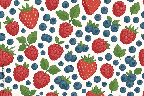 Colorful pattern of strawberries, raspberries, and blueberries on a light background bringing a fresh vibe to any design project