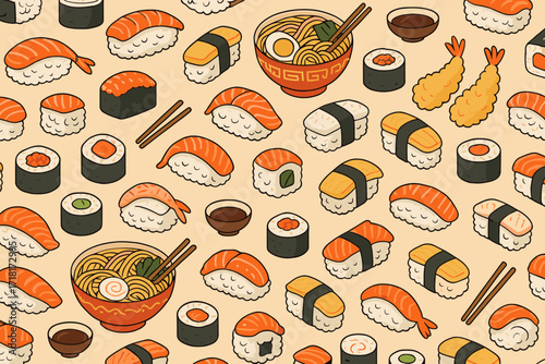 Colorful assortment of sushi, noodles, and tempura showcasing a delightful variety of Japanese cuisine