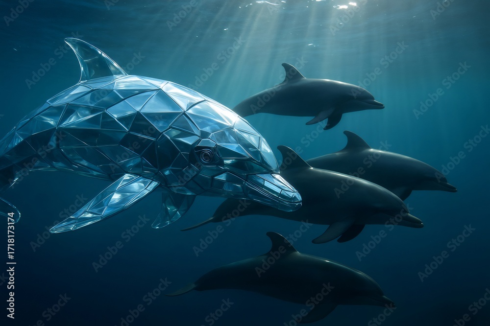 Fototapeta premium Polygonal robotic dolphin swimming underwater with a pod of dolphins, creating a harmonious blend of nature and technology
