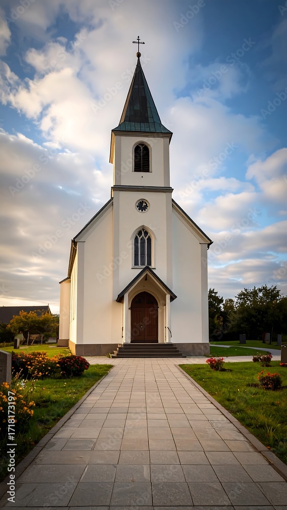 Naklejka premium White church in a graveyard at sunset