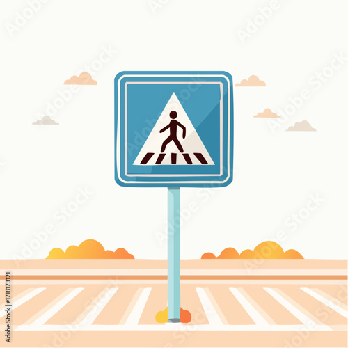 A blue square road sign indicating a pedestrian crosswalk, with a person silhouette on a striped road, set against a light sky with clouds and bushes.