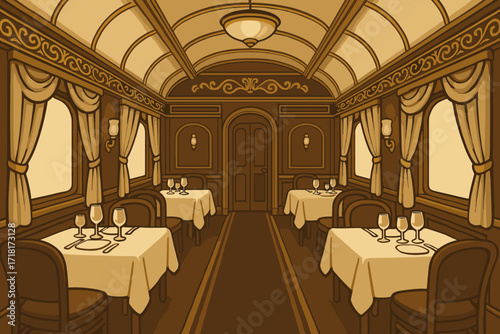 Elegant dining setting inside a vintage train car during a warm afternoon