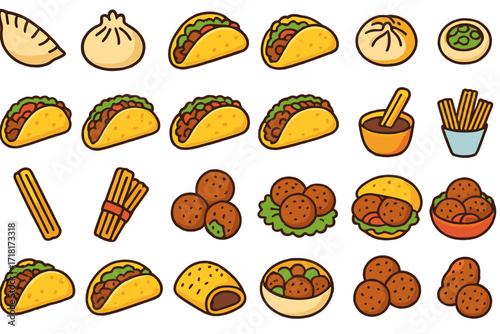 Variety of colorful food illustrations including tacos, dumplings, and snacks arranged in a playful design
