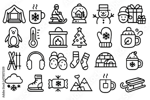 Winter holiday icon set featuring snow activities, warm drinks, festive elements, and cozy apparel on metallic background