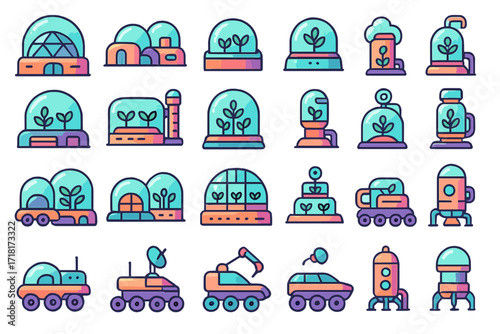 Colorful futuristic icons of space biospheres, hydroponic systems, and exploration vehicles in a sci-fi environment