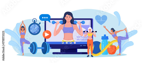 Online sport lesson and fitness course on computer screen. Sportive Woman Training at Home with sport equipment. Cardio, yoga and bodybuilding classes. Trainer conducts strength training using website