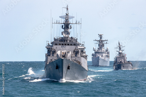 Formation of warships in the Black Sea during a peacekeeping operation. Тhree battleships in action.	