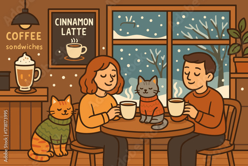 Cozy cafe scene with friends enjoying drinks and cats on a snowy day