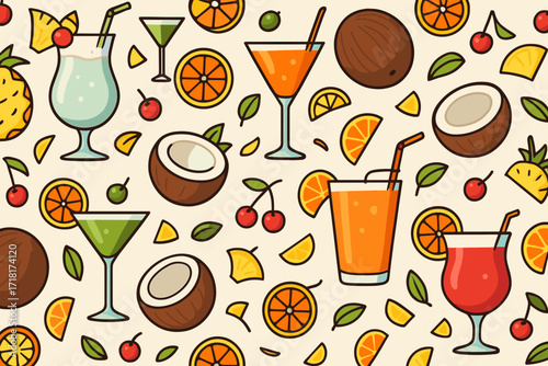 Seamless tropical cocktail pattern with fruits and drinks on cream background, colorful summer party illustration