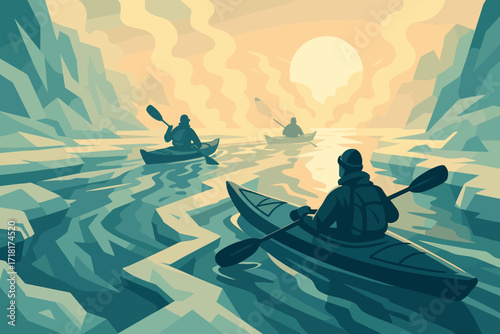 Group of Kayakers Navigating Through Melting Ice in Mountain Valley at Sunrise in a Serene Winter Adventure