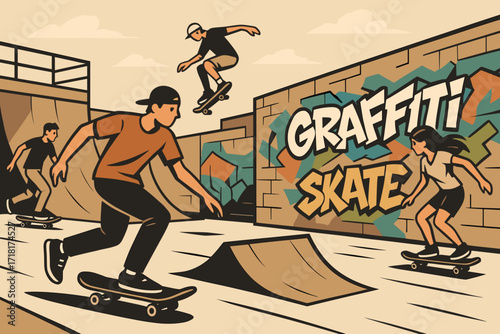 Skaters performing tricks at urban skatepark with colorful graffiti art on walls