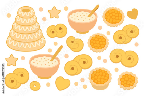Cozy Scandinavian dessert pattern with cookies, porridge bowls, kransekake cake and festive holiday treats on warm golden background