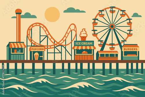 Colorful seaside amusement park pier with roller coaster, ferris wheel, food stalls, and ocean waves in retro style