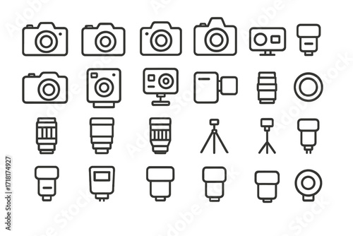 Photography and video equipment icon set with cameras, lenses, action cams, tripods, and lighting gear on dark gradient background
