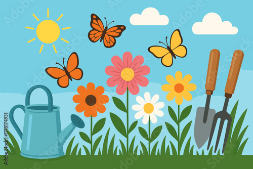 Colorful garden scene with flowers, butterflies, and gardening tools under a bright sun