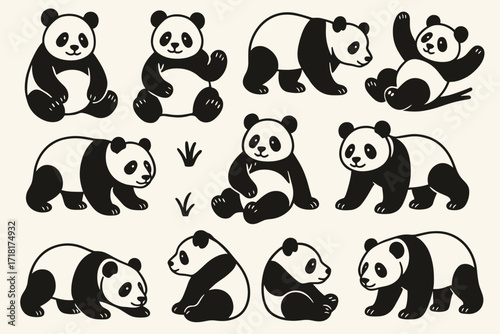 Panda illustrations showcasing playful and relaxed poses in a simple black and white design