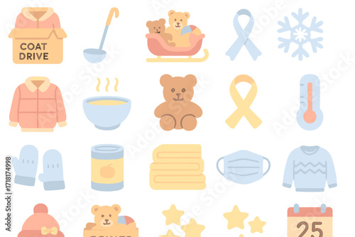 Collection of colorful winter charity icons including coat drive, toys, food donations, and holiday giving symbols