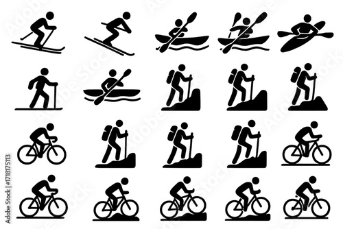 Icons representing various outdoor activities such as skiing, kayaking, hiking, and biking illustrated in a simple style