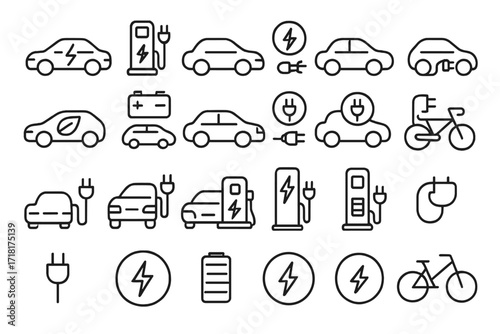 Minimalist electric vehicle and e-mobility icon set featuring EVs, plug symbols, charging stations, electric bikes, and battery indicators on dark background