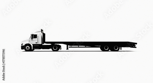 Black and white silhouette of a semi truck and flatbed trailer on white background