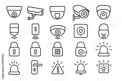 Monochrome line icons set of security systems including surveillance cameras, motion detectors, padlocks, and alarm signals