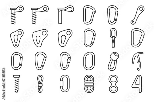 Climbing gear collection including carabiners, screws, and quickdraws for outdoor and indoor climbing activities