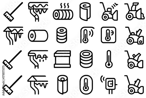 Winter snow and ice removal icon set with snow rakes, icicles, heated cables, snow blowers, and temperature sensors on dark background