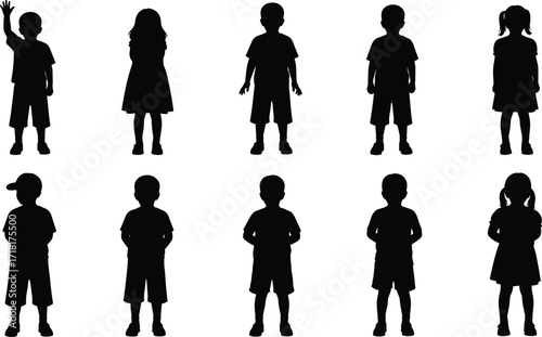 Children silhouettes in various poses, boy and girl figures, kids vector illustration, school or playtime design set