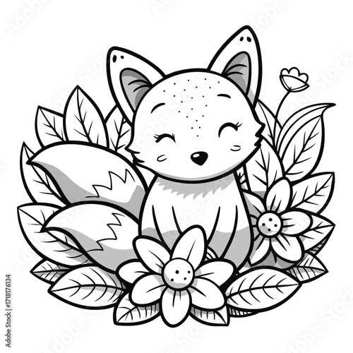 Adorable cartoon fox nestled amongst leaves and flowers, black and white illustration