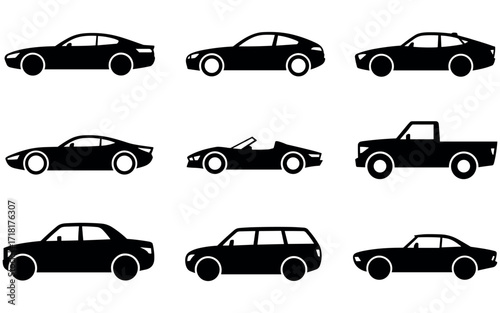 Array of Cars Collection various silhouettes of automobile design, showcasing a range of vehicles, from sleek sportscars to versatile wagons, all rendered in stark monochrome lines.