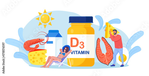 Vitamin D. Tiny people with fish, bottle of vitamins, cheese, milk, shrimp, eggs. Woman sunbathing and using food supplements for deficiency reduction. Wellbeing and health