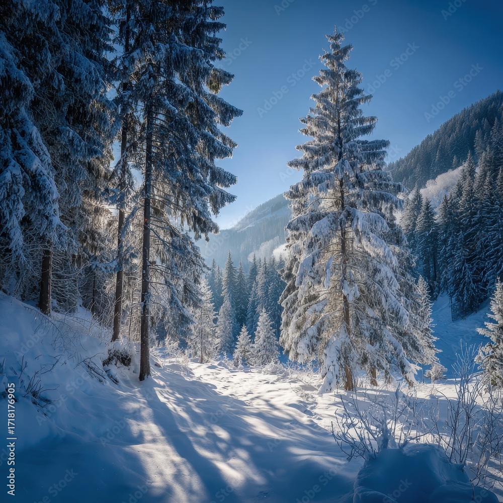 Obraz premium Sunlit Winter Wonderland - Snow-Covered Pines and Mountain Valley.