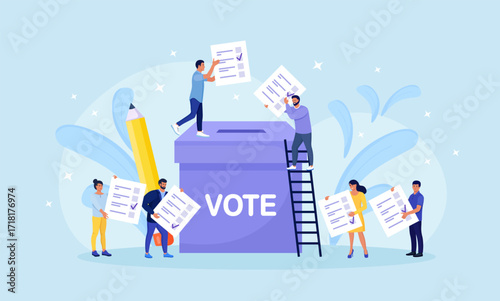 Vote ballot box. Group of people putting pepper vote into the box. Election concept. Democracy, Freedom of speech, justice voting and opinion. Referendum and poll choice event