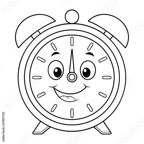Cheerful Cartoon Alarm Clock with a Smiling Face and Bells