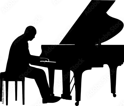 Minimal vector silhouette, pianist seated at grand piano, arms extended to keys silhouette