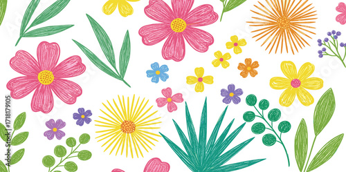 Colorful floral pattern with a variety of flowers, leaves, and vibrant design elements