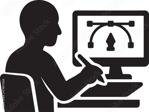 Graphic Designer Silhouette at Computer Monitor with Digital Pen for Creative Modern Office Job Vector