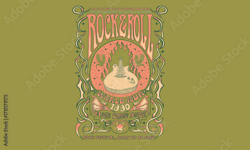 Music guitar artwork. Bird wing vintage artwork for apparel, stickers, posters, background and others. Eagle music poster design. World rock tour artwork. Make some noise.
