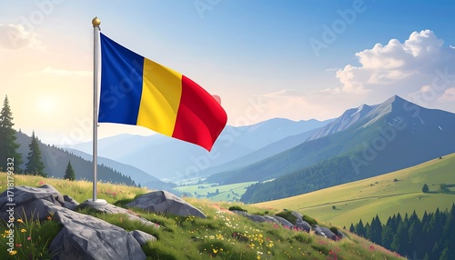 Romanian flag waving over a mountain landscape
