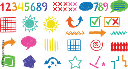 Vibrant, hand-drawn crayon-style doodle elements including numbers, arrows, and symbols, perfect for creative design, educational content, and playful visual projects