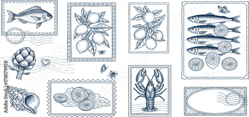 Intricate monochrome illustrations, vintage postage stamp style, depicting marine life (fish, lobsters) and botanicals (lemons, artichoke) with classic hand-drawn aesthetic