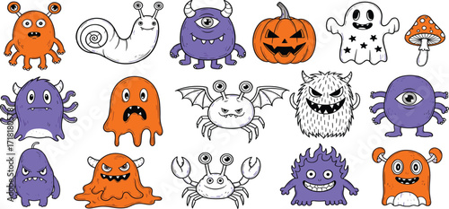 A collection of cute and spooky cartoon monsters and characters for Halloween and creative designs