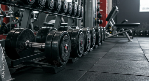 Row of Heavy Dumbbells in Modern Gym