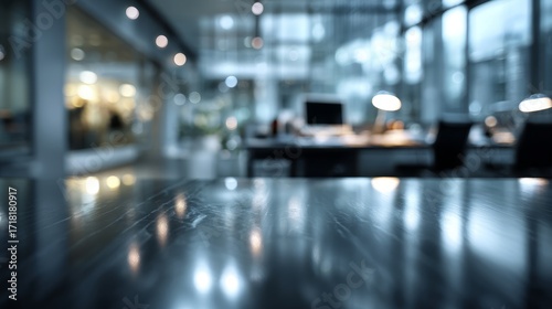 Wallpaper Mural Glass tabletop surface with blurred defocused office workspace background. Corporate environment Torontodigital.ca